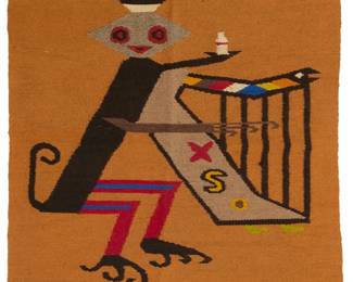 245
A vintage Latin American weaving
Mid/late 20th century
The narrow plain weave textile woven in ochre, brown, red, blue, and grey wool, with a central stylized monkey figure and sections of zigzag banding and stylized hooked floral motifs to either end
58" H x 27" W
Estimate: $200 - $300