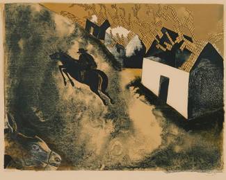 53
Francisco Toledo
(1940-2019, Mexican)
"Caballero Nocturno," circa 1969
Lithograph in colors on Arches paper
Edition: LXXII/LXXV (aside from the edition of 100)
Signed and numbered in Roman numerals, in pencil in the lower margin: Toledo; an unidentified blindstamp in the lower left margin corner
Image: 15.5" H x 20.375" W; Sheet: 18.75" H x 25.75" W
Estimate: $1,000 - $1,500