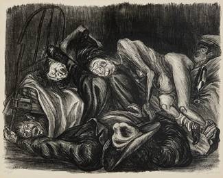 40
José Clemente Orozco
(1883-1949, Mexican)
"Fin de Fiesta (Miseria)," 1935
Lithograph on paper
Edition: 91/120
Signed and numbered in pencil in the lower margin: J.C. Orozco; dated "Sept. 1935" in the stone, lower left; titled in Spanish and English on two typed and handwritten labels affixed to the frame's backing paper
Image: 12.25" H x 15.5" W; Sight: 12.75" H x 16" W
Estimate: $800 - $1,200
