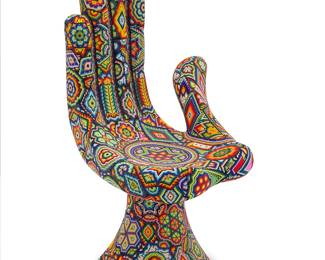 119
Rick (CHROMA) Wolfryd
(b. 1953, American)
After Pedro Friedeberg "Hot Seat: Magic Hands Series," 2022
Photopolymer resin and beads
Edition: AP
Signed, dated, titled, and inscribed to underside: Chroma aka Rick Wolfryd / Artist's Proof / Inspired By Great Artist Pedro Friedeberg / +Chroma Dreams!
32.25" H x 23.25" W x 28" D
Estimate: $3,000 - $4,000