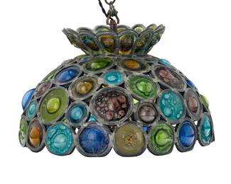 240
Felipe Delfinger (20th century, Mexican)
An art glass ceiling lamp for Feders, circa 1970s
Appears unmarked
With single light and shade constructed from fused bubble glass nodes
8.5" H x 12.25" Dia., irregular
Estimate: $300 - $500