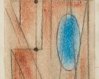 102
Carlos Mérida
(1891-1984, Guatemalan)
"Boceto"
Pigment and graphite on paper
Signed in pencil upper left: Carlos Mérida; titled in ink on a gallery label affixed to the frame's backing board
Image: 4.25" H x 3" W; Sheet: 5.625" H x 3.5" W
Estimate: $1,000 - $1,500