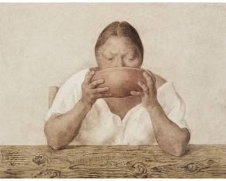 167
Francisco Zúñiga
(1912-1998, Mexican)
"Mujer con Olla," 1983
Lithograph in colors on wove paper without watermark
Edition: 28/100 (there were also 10 AP and 10 HC impressions on this paper, as well as 33 impressions on Japon nacre)
Signed, dated, and numbered in pencil in the outer portions of the lower right and left quadrants, respectively: Zuniga; Wolfensberger, Zurich, Switzerland, prntr; Gallery Börjeson, Malmö, Sweden, pub.
Image/Sheet: 22.375" H x 29.75" W
Estimate: $700 - $900