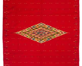2
A Regional style Mexican Saltillo sarape textile
Late 19th/early 20th century, post-Classic period, 1890-1920; Saltillo or Teocaltiche
Woven with wool weft on cotton warp in a single width, with a red field and multicolored banded ends and with elaborate fringe
85.5" H x 49.5" W; fringe: 8" approximately
Estimate: $500 - $700