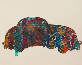 227
Frank Romero
(b. 1941, Mexican-American)
Untitled (Car)
Monoprint in colors on paper
Signed and with the artist's device in pencil, lower left: FE Romero
Image: 24.5" H x 47" W; Sight: 39" H x 59" W
Estimate: $1,000 - $1,500