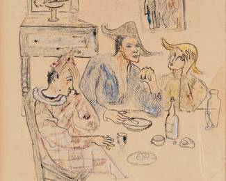 96
Federico Cantú
(1907-1989, Mexican)
Untitled (Harlequins), 1937
Mixed media on paper
Signed and dated lower center: Federico Cantú / 37-
Sight: 10.5" H x 9.625" W
Estimate: $300 - $500