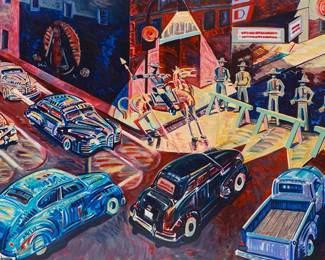 226
Frank Romero
(b. 1941, Mexican-American)
"The Closing of Whittier Boulevard," 1990
Screenprint in colors on paper
Edition: [?]8/99
Signed and numbered in white pencil lower left: FERomero; Modern Multiples Richard Duardo, prntr., and with their blindstamp in the lower right corner of the image
Sight: 33" H x 54" W
Estimate: $3,000 - $5,000