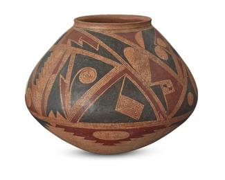 171
Juan Quezada (1940-2022, Mexican)
A Mata Ortiz polychrome pottery jar, late 20th/early 21st century
Incised to underside: Juan Quezada
With red and black geometric motifs on a cream slip ground
7" H x 9.25" Dia.
Estimate: $600 - $900