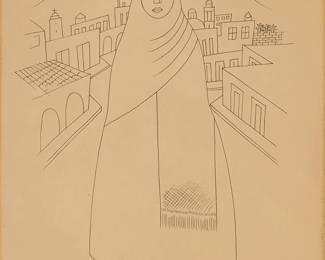 42
Miguel Covarrubias
(1904-1957, Mexican)
"Mujer Proviniciana," 1928
Ink on cream paper
Signed and dated in ink lower right: Covarrubias; titled on two labels affixed to the frame's backing board
Sight: 16.75" H x 12.5" W
Estimate: $500 - $700