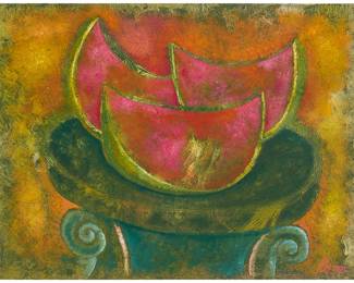 122
Byron Galvez
(1941-2009, Mexican)
Watermelons
Mixed media on dark green paper
Signed lower right: Byron
Image/Sheet: 17.75" H x 23.5" W
Estimate: $500 - $700
