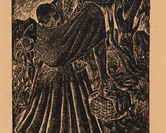 181
Everardo Ramírez
(1906-1992, Mexican)
"Mujer con niño," 1943
Linocut on thin tan paper
From the edition of unknown size
Signed and dated in pencil in the lower margin: Everardo Ramirez; signed again in pencil, verso: E. Ramirez; titled by repute
Image: 5.25" H x 4.125" W; Sheet: 15.5" H x 11.5" W
Estimate: $150 - $250