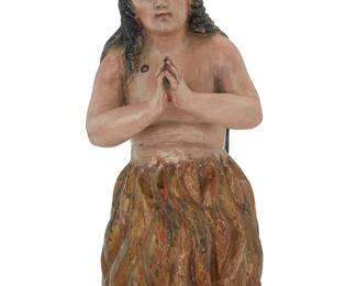 79
A Guatemalan polychrome carved wood Anima Sola
19th century
Depicting a pious woman in flames
12.125" H x 5.375" W x 5.75" D
Estimate: $400 - $600