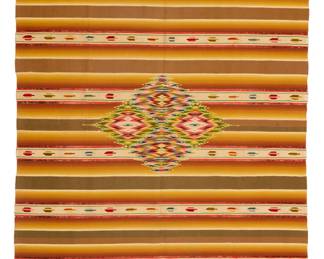 11
A Regional style Mexican Saltillo sarape textile
Late 19th/early 20th century, Transitional period, 1875-1910; Saltillo/Teocaltiche
Woven with variegated wool weft on cotton warp, in a single width with multicolored banded stripes and an aggregate-style diamond center, with elaborate knotted fringe
85.75" H x 40.75" W; fringe: 7.5" approximately
Estimate: $500 - $700