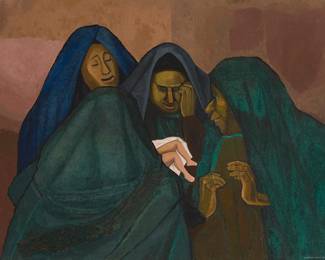 159
Gustavo Montoya
(1905-2003, Mexican)
"Viejas con Niño," 1970
Oil and collaged textile on canvas
Signed lower right: gustavo montoya
28" H x 36" W
Estimate: $6,000 - $8,000
