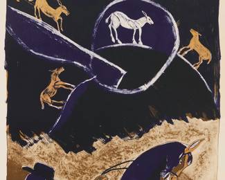 60
Francisco Toledo
(1940-2019, Mexican)
"Vaquero con Caballo"
Lithograph in colors on wove paper, watermark Arches
An artist's proof aside from the edition of unknown size and date
Signed and inscribed in pencil in the lower margin: Toledo / "EA"
Image: 20.25" H x 15.5" W; Sheet: 25.75" H x 19" W
Estimate: $600 - $800