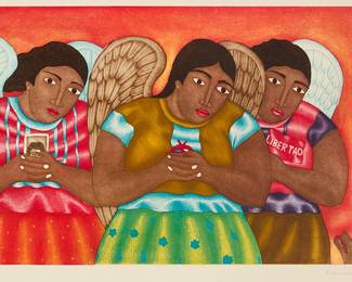 170
Fernando Olivera
(b. 1962, Mexican)
"Tres Angeles," 2008
Etching in colors on wove paper, watermark GVA-RRO
Edition: 33/40
Signed, dated, and numbered in pencil in the lower margin: F. Olivera
Plate: 13" H x 19.5" W; Sheet: 22.25" H x 27.5" W
Estimate: $500 - $700