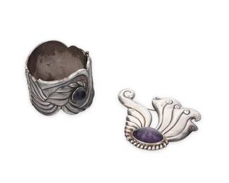 206
A group of Mexican silver and amethyst jewelry
Mid-20th century; Taxco, Mexico
Each marked: Taxco / 980
Two works comprising a chunky sterling silver repoussé hinged bangle bracelet with concentric swirl designs and set amethyst cabochons, with channel pin closure, as well as a fanciful sterling silver repoussé brooch with large set amethyst cabochon
2 pieces
Bracelet: 7.5" inner C x 2" H; Brooch: 3" H x 3.5" W
181.4 grams gross
Estimate: $500 - $700