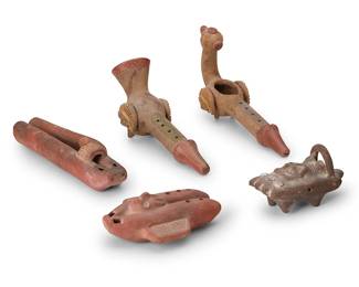 136
A group of Aztec/Mayan style pottery whistles
20th century
Three incised to underside: Mexico
Each with high-relief masks, one in the form of a bird
5 pieces
Longest: 6.375" H x 11.125" W x 3.625" D; Shortest: 3.375" H x 5.75" W x 2.5" D
Estimate: $100 - $200