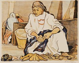 209
Pablo O'Higgins
(1904-1983, Mexican-American)
"Cuautla Market," from the "Mexican People" portfolio, 1946
Lithograph in colors on wove paper
From the edition of 250
Signed in pencil in the lower margin, at right: Pablo O'Higgins; Taller de Gráfica Popular, Mexico City, prntr.; Associated American Artists, New York, pub.
Image: 11.25" H x 14" W; Sight: 12.5" H x 15" W
Estimate: $100 - $200