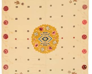 9
A Regional style Mexican Saltillo sarape textile
Late 19th/early 20th century, Transitional period, 1875-1900; Tlaxcala or Puebla
Woven with wool weft on cotton warp, in two panels seamed down the middle, with cream wool field with multicolored flowers and birds and a yellow central medallion
69.5" H x 47.5" W; fringe: 4.5" approximately
Estimate: $700 - $900