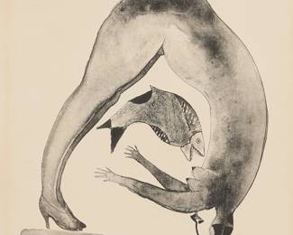 55
Francisco Toledo
(1940-2019, Mexican)
"Mujer Favorida"
Lithograph on wove paper
An artist's proof, aside from the edition of unknown size and date
Signed and inscribed in pencil in the lower margin: Toledo / "P.A."
Image: 10.875" H x 8.375" W; Sheet: 16.875" H x 13" W
Estimate: $300 - $500