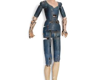 76
A Guatemalan polychrome carved wood processional Santo
Early/mid-20th century
With articulated arms and legs, set on a square base with a vertical support pole mounted to figure's lower back
Standing: 54" H x 23" W x 10" D, approximately; Base: 3" H x 16" W x 16" D
Estimate: $400 - $600