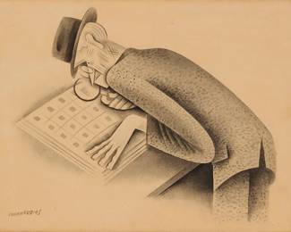 41
Miguel Covarrubias
(1904-1957, Mexican)
"Filatelista," cartoon for "Vanity Fair" magazine, circa 1920s
Ink and ink wash on paper
Signed lower left: Covarrubias; titled and with the association with "Vanity Fair" listed on a gallery label affixed to the frame's backing board; the same information written twice more, in several different hands, on the same backing board
Sight: 9.25" H x 12.25" W
Estimate: $800 - $1,200