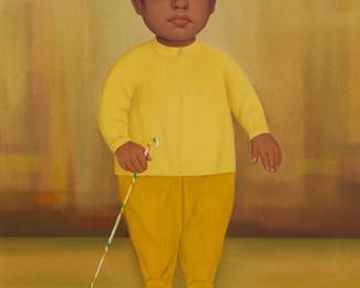 160
Gustavo Montoya
(1905-2003, Mexican)
"Niño en Amarillo," 1964
Oil on canvas
Signed lower right: Gustavo Montoya; signed again, dated, and inscribed verso: Mexico 1964; titled on a partial gallery label affixed verso
21.75" H x 18" W
Estimate: $5,000 - $7,000