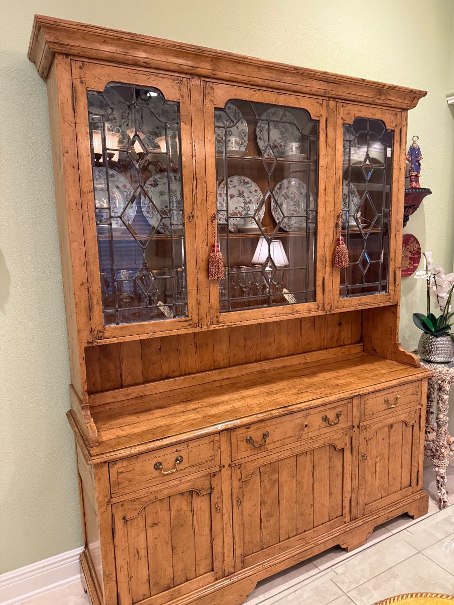 Guy Chaddock and Co "Melrose" Distressed Breakfront with Beveled Leaded Glass Doors