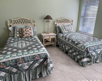 Pair of Faux Bamboo Twin Beds and Faux Bamboo Bedside table   Green Quilts , Shams, bedskirts with matching Euro Shams, Metal Palm Lamp