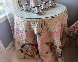 Demonstration Table with Quilt Cloth and mirror, Antique Chocolate Set