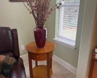 Pair of round side tables, decorative vase with Bittersweet branches 