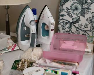 Irons, ironing board, misc.