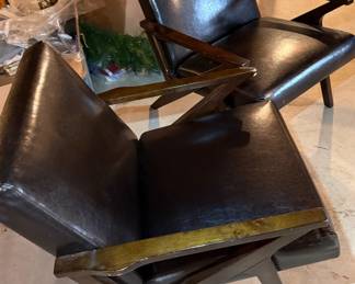 MCM walnut and dark brown leather lounge chairs