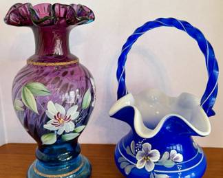 Bill Fenton 50th Anniversary Mulberry Vase and 95th Anniversary Glass Legacy Cobalt Blue Basket