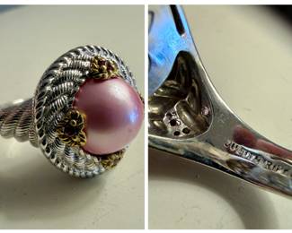Judith Ripka sterling silver ring with pink pearl centerpiece
