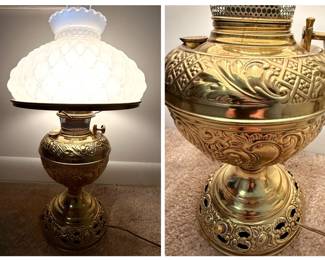 Antique converted brass oil lamp, possibly Bradley & Hubbard or Miller