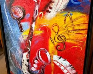 Framed abstract acrylic painting on canvas depicting a saxophone, keyboard and musical notes, signed