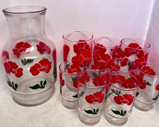 Vintage Anchor Hocking Red Poppy pitcher and tumblers set