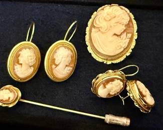 Vintage Cameo Brooch with two pairs of earrings and lapel pin