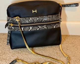 Halston black leather crossbody bag with a snakeskin-print trim
