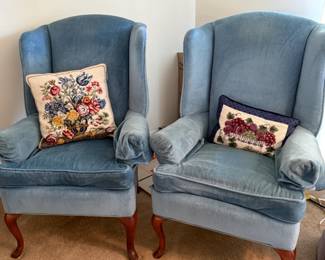 Queen Anne style blue velvet wingback chairs