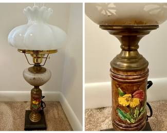 Victorian style lamp with Opaline glass shade and painted wood spindle base
