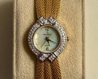 Peugeot Women's Crystal Bezel Watch with Gold-Tone Mesh Bracelet