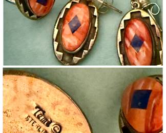 Navajo artist Teme Sterling Silver Spiny Oyster and Lapis Lazuli Ring and Earrings Set