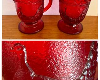 Ruby Red Pheasant Glass Creamer and Sugar Bowl with Lid