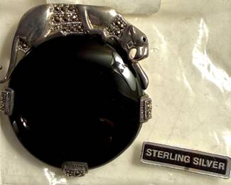Sterling Silver and Marcasite Panther Brooch with Onyx Center