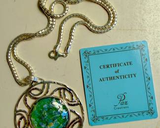 Paz Creations sterling silver necklace with circular cabochon Roman glass pendant