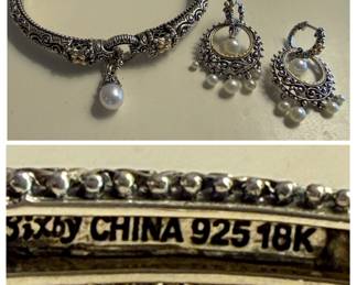 Bixby Sterling Silver and Pearl Cuff Bracelet and Matching Earrings Set