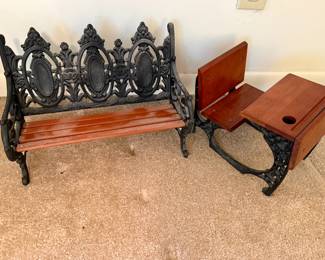 Doll size cast iron and wood bench and desk